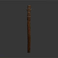 Ancient Vertical Wooden Carving With Totem Like Figure And Detailed Texture