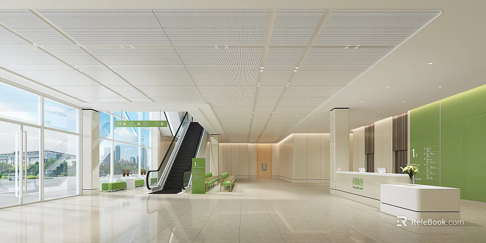 Modern Hospital Outpatient Clinic Lobby with Escalator Green Seats White Reception and Large Windows 3d model 