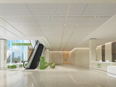 Modern Hospital Outpatient Clinic Lobby with Escalator Green Seats White Reception and Large Windows 3d model