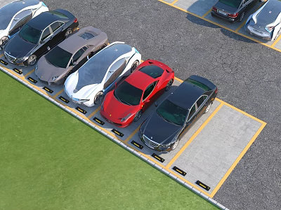 Outdoor Parking Lot Featuring Neatly Arranged Multiple Colored Cars With Yellow Lines And Green Grass 3d model