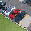 Outdoor Parking Lot Featuring Neatly Arranged Multiple Colored Cars With Yellow Lines And Green Grass