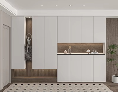 Modern Shoe Cabinet With White Doors Wooden Accents And Open Shelves 3d model