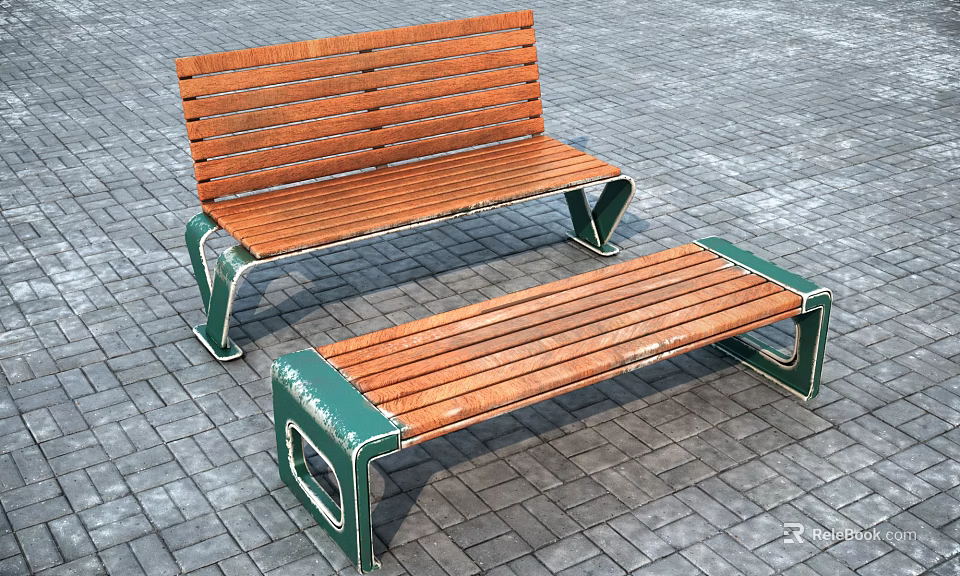 Outdoor Benches with Wooden Seats and Green Metal Frames on Paved Ground 3d model 