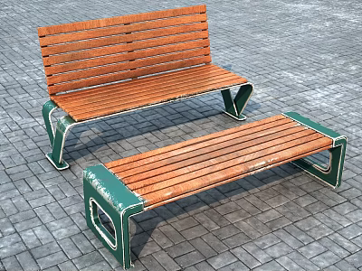 Outdoor Benches with Wooden Seats and Green Metal Frames on Paved Ground 3d model