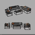 Modern Gray Sofa Coffee Table Set With Orange Pillows And Metal Frame 3d model