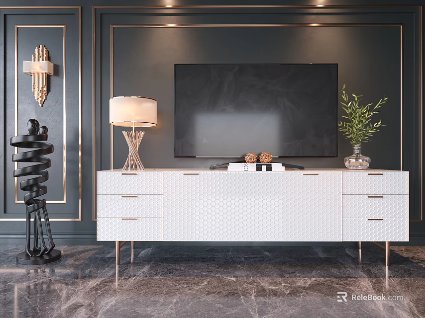Elegant White TV Stand with Drawers Lamp Green Plant and Dark Wall Gold Trim 3d model 