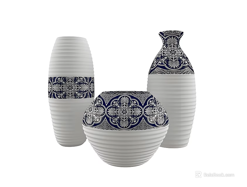 Decorative Ceramic Vases And Bowl With White Base And Blue Patterns 3d model
