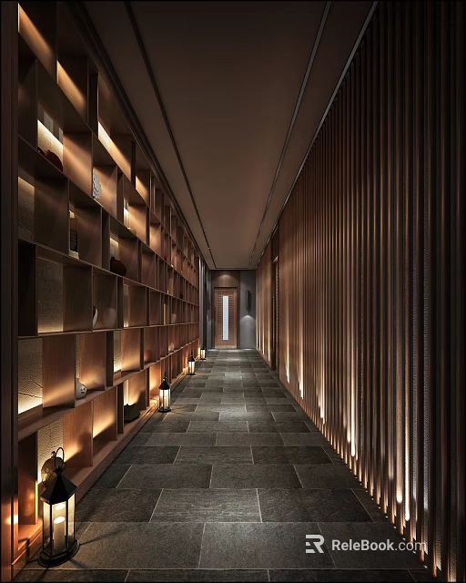 Modern Hotel Corridor Design With Warm Lighting Wooden Panels And Stone Floor 3d model 