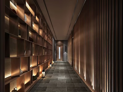 Modern Hotel Corridor Design With Warm Lighting Wooden Panels And Stone Floor 3d model