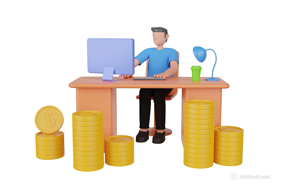 Man Working at Desk with Computer Lamp Green Cup and Gold Coins Around 3d model 