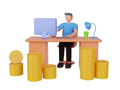 Man Working at Desk with Computer Lamp Green Cup and Gold Coins Around 3d model