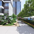 Residential Garden Landscape Design With High Rise Building Surrounding Greenery Trees And Parking Spaces