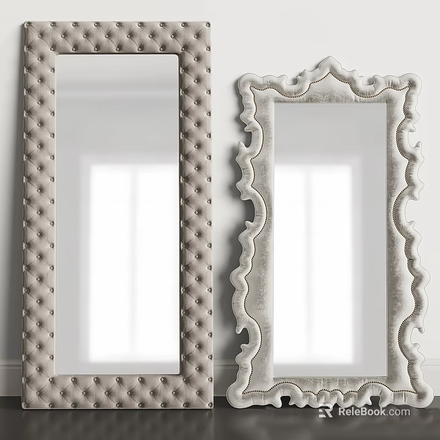 Two Decorative Mirrors Featuring Tufted Button Frame and Scrolled Ornate Design 3d model