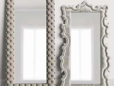Two Decorative Mirrors Featuring Tufted Button Frame and Scrolled Ornate Design 3d model