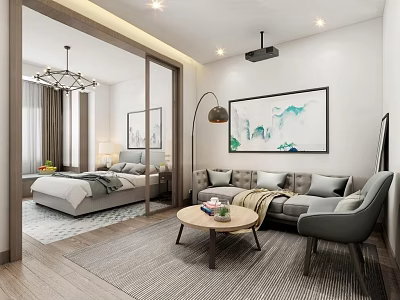 Modern Living Room Interior Design With Gray Sofa Wooden Coffee Table And Wall Painting 3d model