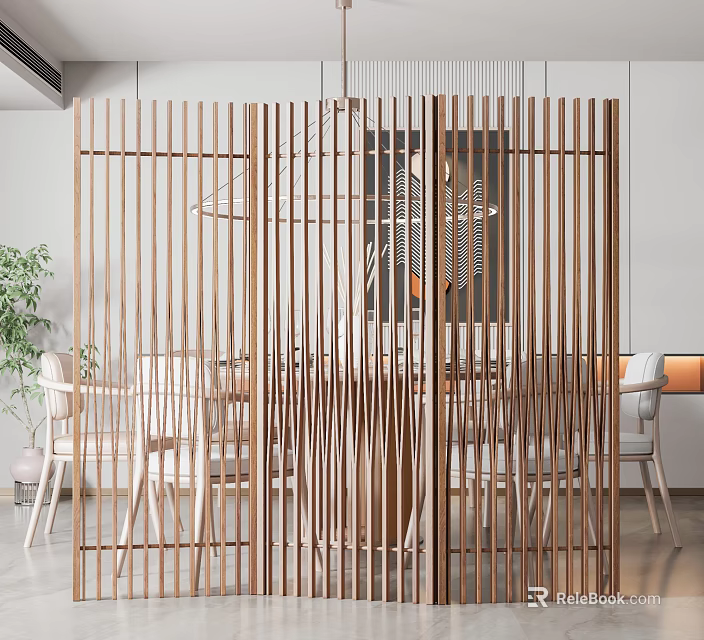 Modern Wooden Room Divider With Vertical Slats In Dining Area With Table And Plants 3d model 