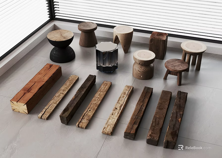 Various Wooden Stools In Different Styles Including Round Square And Small Designs With Wooden Planks 3d model 