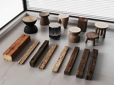 Various Wooden Stools In Different Styles Including Round Square And Small Designs With Wooden Planks 3d model