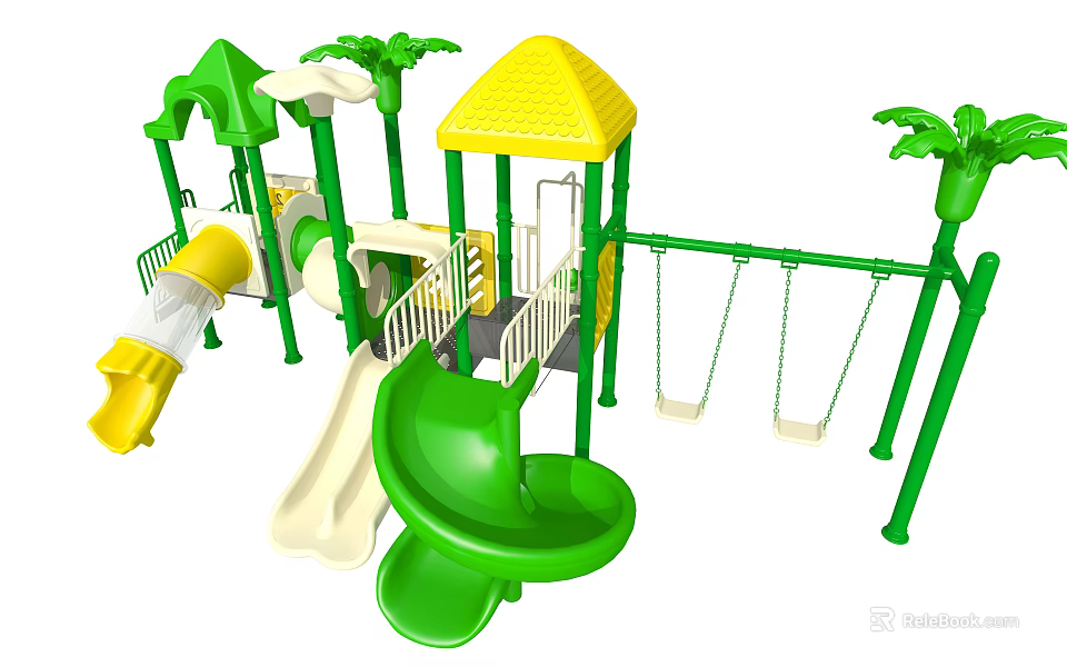Outdoor Playground Equipment Featuring Green Slides Yellow Roof Swings And Palm Tree Decorations 3d model 