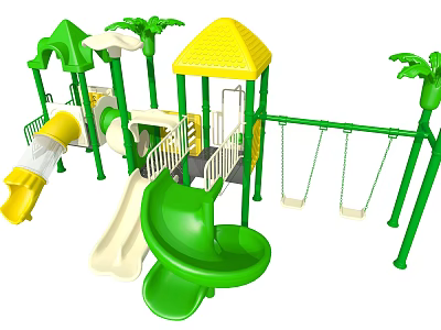 Outdoor Playground Equipment Featuring Green Slides Yellow Roof Swings And Palm Tree Decorations 3d model