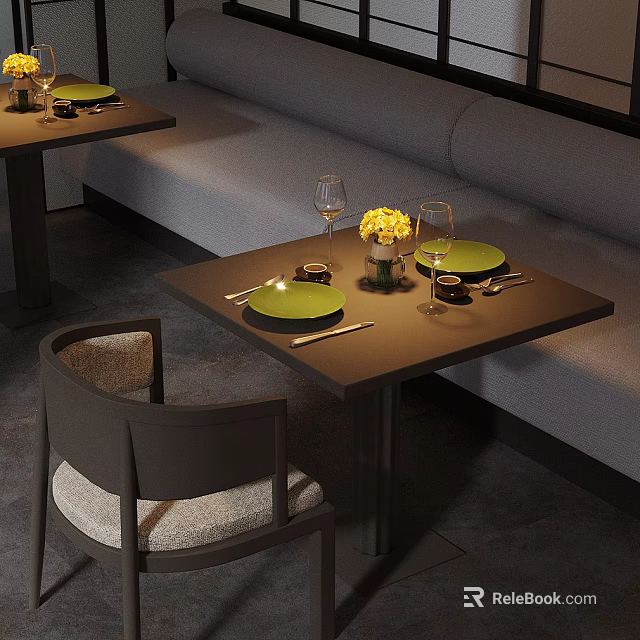 Stylish Table And Chair Combination With Green Plates Wine Glasses And Yellow Flowers 3d model 