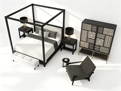 Modern Black Canopy Bed With Nightstands Table Lamps Lattice Cabinet Chair And Bench 3d model