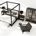 Modern Black Canopy Bed With Nightstands Table Lamps Lattice Cabinet Chair And Bench
