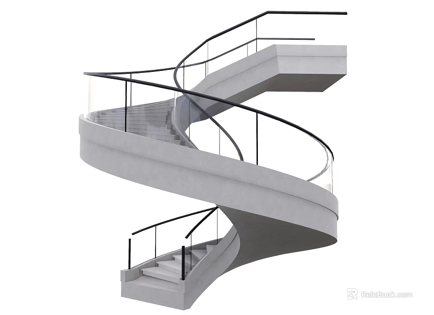 Modern Spiral Staircase Design With Concrete Structure And Glass Metal Railings 3d model 
