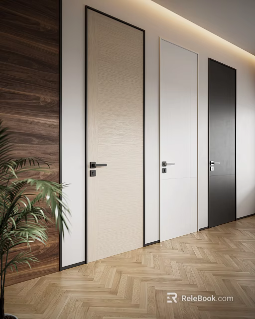 Modern Office Interior Design With Wooden Wall Panel Various Colored Doors And Herringbone Flooring 3d model 