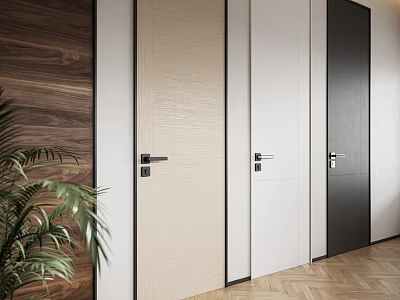 Modern Office Interior Design With Wooden Wall Panel Various Colored Doors And Herringbone Flooring 3d model