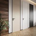 Modern Office Interior Design With Wooden Wall Panel Various Colored Doors And Herringbone Flooring