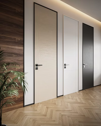 Modern Office Interior Design With Wooden Wall Panel Various Colored Doors And Herringbone Flooring 3d model