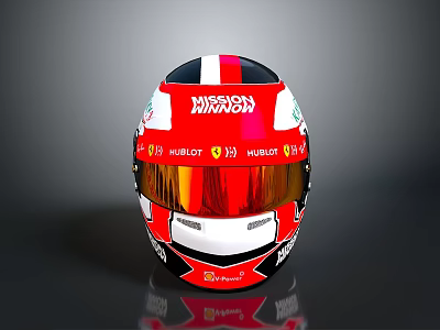 Red And White Race Car Helmet With Sponsor Logos And Reflective Visor 3d model