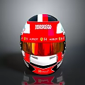 Red And White Race Car Helmet With Sponsor Logos And Reflective Visor