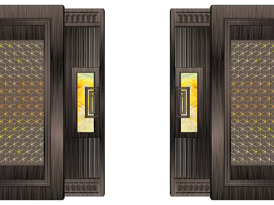 Traditional Wooden Doors With Symmetrical Grid Design And Yellow Glass Panels 3d model