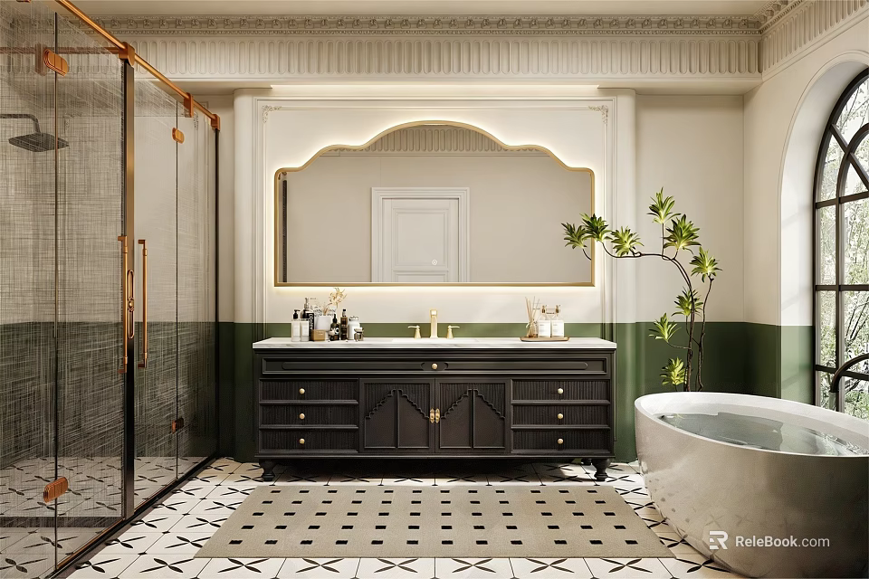 Black Bathroom Vanity With Marble Countertop Gold Fixtures Mirror Green Plant And Bathtub 3d model 