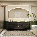 Black Bathroom Vanity With Marble Countertop Gold Fixtures Mirror Green Plant And Bathtub