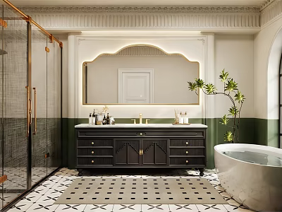 Black Bathroom Vanity With Marble Countertop Gold Fixtures Mirror Green Plant And Bathtub 3d model