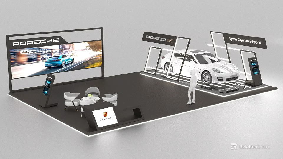 Porsche Exhibition Booth With White Sports Car Display Screen Seats And Tables 3d model 