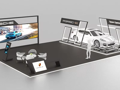 Porsche Exhibition Booth With White Sports Car Display Screen Seats And Tables 3d model