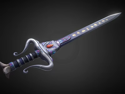 Ornate Fantasy Sword With Curved Silver Hilt Red Gemstone And Golden Blade Accents 3d model