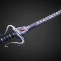Ornate Fantasy Sword With Curved Silver Hilt Red Gemstone And Golden Blade Accents