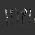 Fantasy Battle Weapons Featuring Intricate Metallic Designs Swords Axes and Spiked Details