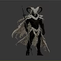 Fantasy Character With Large Curved Horns Ornamental Tattered Cloak Holding Long Spear Dark Armor Design