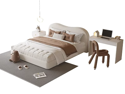 Simple Modern Kids Bed With Study Desk Chair Soft Pillows And Stuffed Bear 3d model