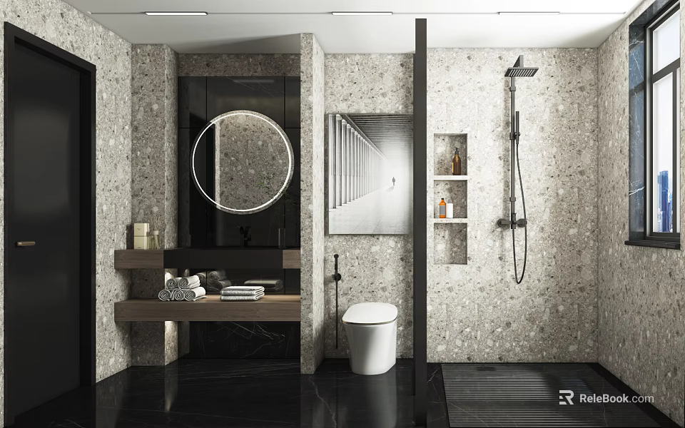 Modern Bathroom Interior Design With Round Mirror Stone Tile Walls White Toilet And Shower Area 3d model 