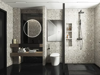 Modern Bathroom Interior Design With Round Mirror Stone Tile Walls White Toilet And Shower Area 3d model