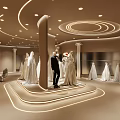 Elegant Modern Bridal Store Display With Circular Platform Mannequins Bridal Gowns And Lighting