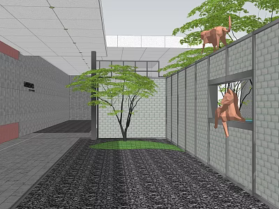 Indoor Garden Landscape Featuring Gray Walls Black Gravel Ground Green Lawn Trees And Monkeys 3d model