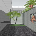 Indoor Garden Landscape Featuring Gray Walls Black Gravel Ground Green Lawn Trees And Monkeys